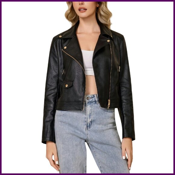 Cropped Faux Leather Moto Jacket Slim Fit Zip Up Biker Coat